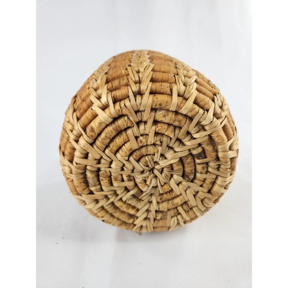Vintage Primitive Coil Basket Grass Hand Woven Brown Tan Planter Pot Decor Thick
